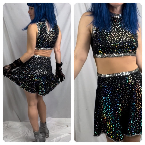 Vintage Dance Costume | Silver Disco Space Alien Bowie Hologram Mini Dress | S