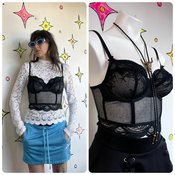 90s Black Lace Cropped Cami - Lingerie Babydoll Bustier Top - Grunge Goth - S