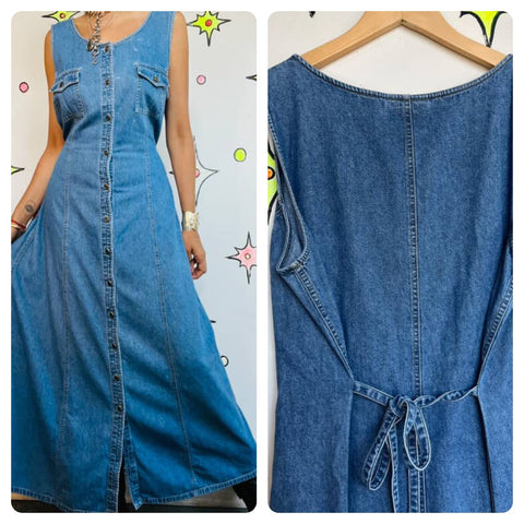 Vintage 90s Denim Button-Up Maxi Dress Liz Claiborne Boho Grunge Sleeveless | XL