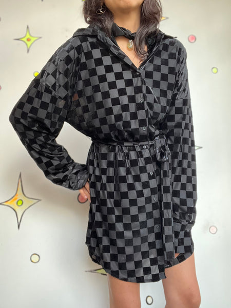Vintage 90s | Sheer Black Checkered Velvet Burnout Goth Shirt Dress | Size L