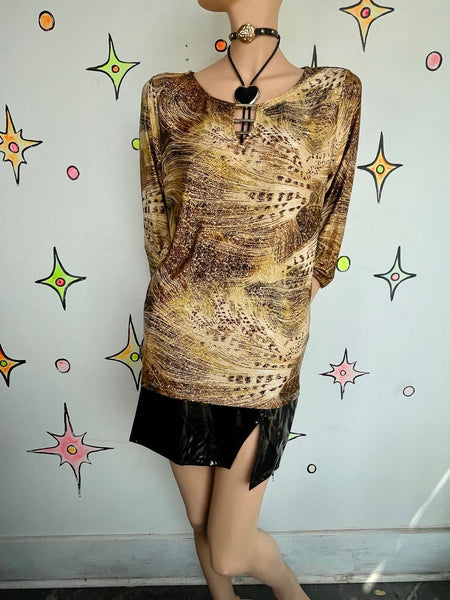 Y2K Gold Glitter Leopard Print Top | Glitchy Glam Indie Sleaze Stretch Top L XL