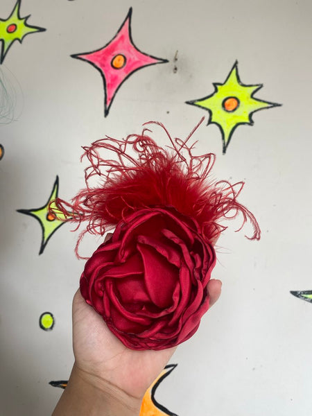 Red Rose Feather Hair Clip Goth Burlesque Rockabilly Flamenco Fascinator