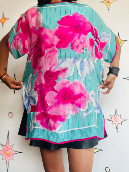 Vintage Billie Kunody Art Print Silk Oversized Boho Top / Blouse - Flowy One Size