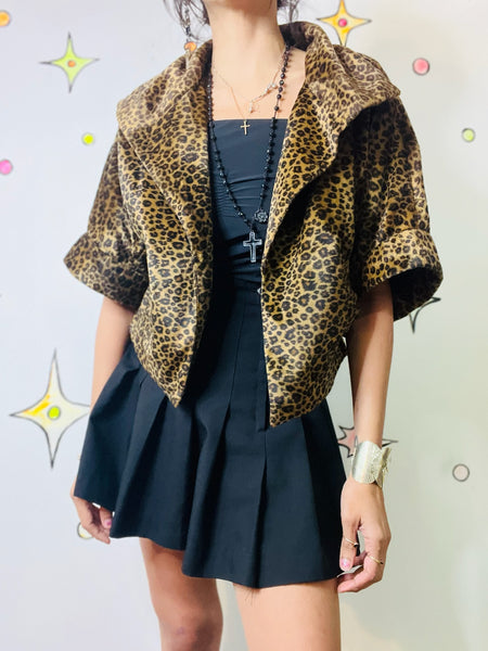 Vintage 90s Y2K Leopard Print Vegan Fur Cropped Coat Boho Grunge Western Glam S