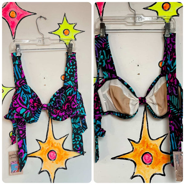 Vintage 80s 90s | Rainbow Neon Abstract Adjustable Swimsuit Bikini Top | 10 M