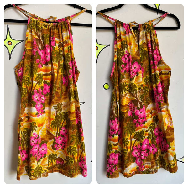 Vintage Tiki Hawaiian Halter Mini Dress - Boho Fairy Grunge - Small
