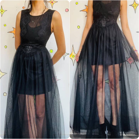Vintage 90s Y2K | Black Lace Sheer Whimsy Goth Fairy Grunge Maxi Dress | Small