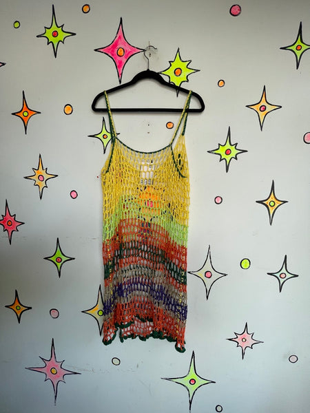 Y2K Crochet Rainbow Dress Festival Boho Rave Pride L/XL