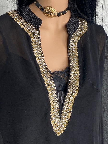 Y2K Sheer Black Rhinestone Top Witchy Boho Y2K Glam Tunic - Medium