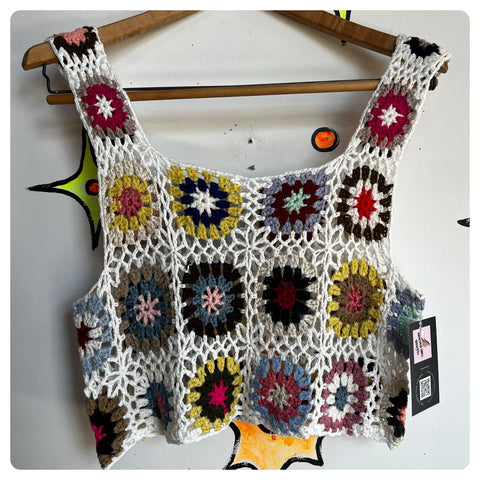 Vintage | Groovy Granny Square Crochet Hippie Boho Afghan Top | Free Size