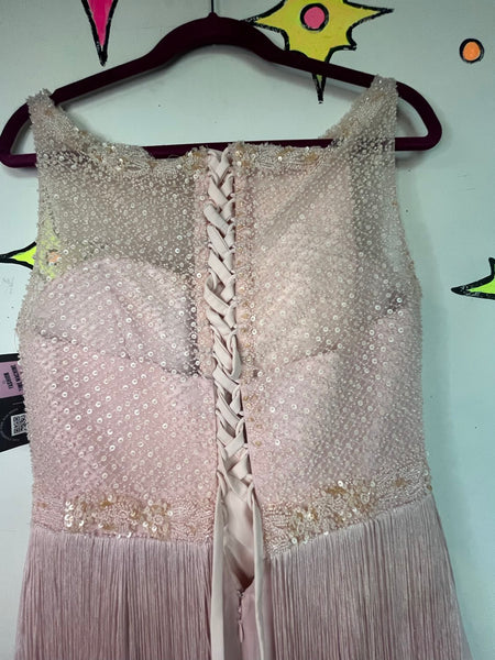 Pink Silk Beaded Fringe Gatsby 1920s Revival Flapper Art Deco Party Dress S