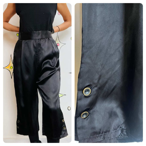 Vintage 1930s Black Silk High-Waisted Loungewear Trousers | Capri Pants | 29