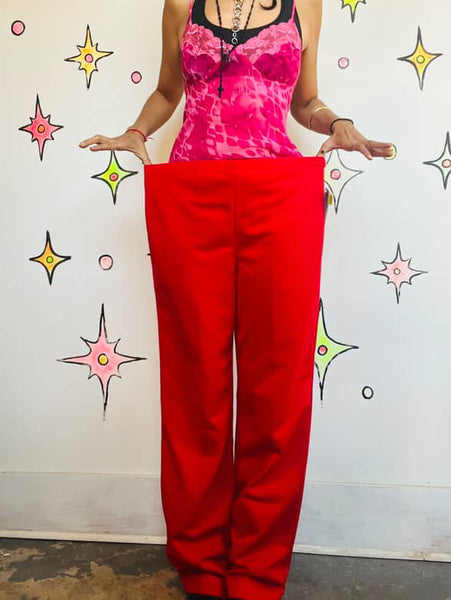 Vintage 70s Cherry Red Disco Bellbottom Pants – Groovy Polyester Wide Leg – M