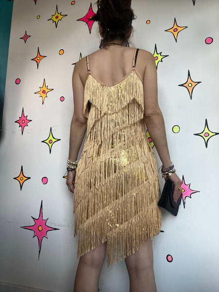 Vintage Gold Fringe Flapper Dress 20s Gatsby Party Mini 60s GoGo Disco Costume M