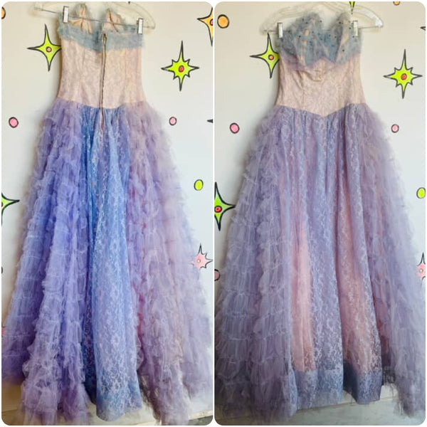 Vintage 50s 60s Lavender Lace Prom Party Cupcake Dress | Fit & Flare TuTu | XS