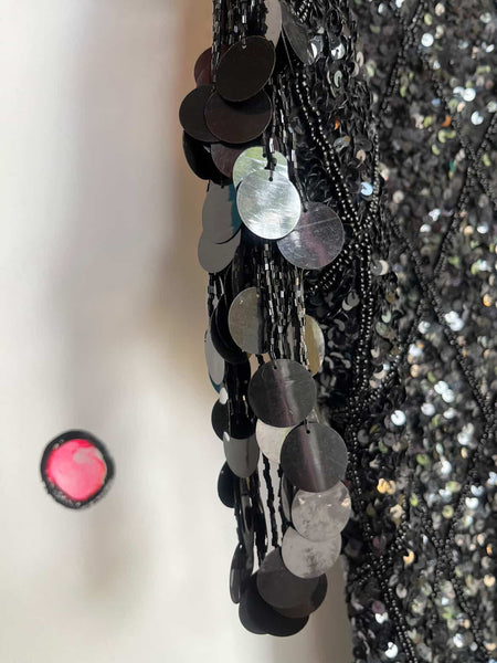 Vintage 80s Neiman Marcus Black Beaded Fringe Dress 20s Inspired Disco Glam