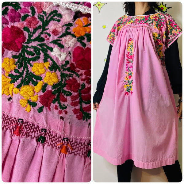 Vintage Boho Oaxacan Mexican Pink Huipil Dress - Hand Embroidered Floral M/L