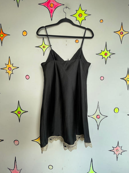 Y2K Black Satin & Lace Babydoll Slip Dress - Whimsy Goth Romantic - M