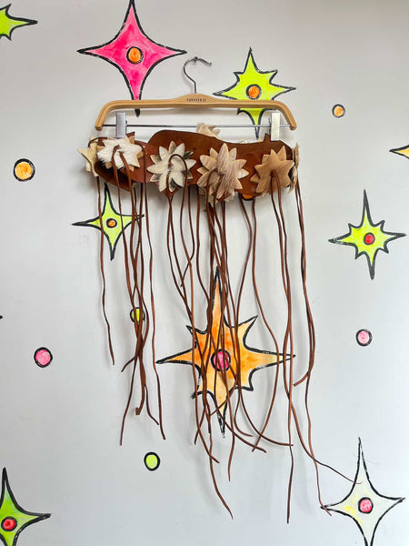 Vintage Brown Leather & Cowhide Fringe Belt w Star Patches Western Boho Grunge