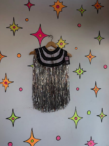 Silver Fringe Cape Disco Cowboy Studio 54 - 70s Showgirl Metallic Cosmic Circus