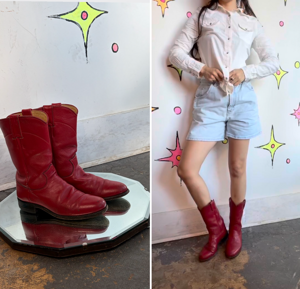 Vintage Justin Red Leather Cowboy Boots Western Cowgirl Roper Boots Boho US 6.5B