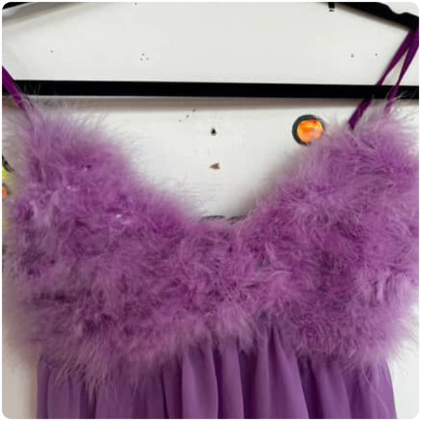90's Pastel Lavender Ostrich Feather Nylon Mesh Peignoir Babydoll | Size L