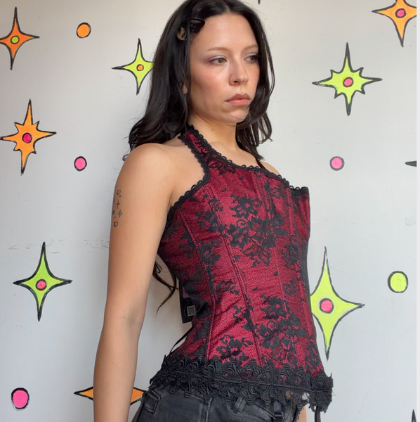 Red Black Gothic Romantic Vamp Corset Top Lace Victorian Goth Ren Faire M
