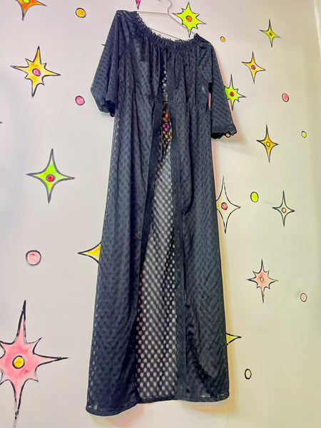 Vintage 70s Black Sheer Lace Night Robe – Scalloped Boho Grunge Whimsy Goth M