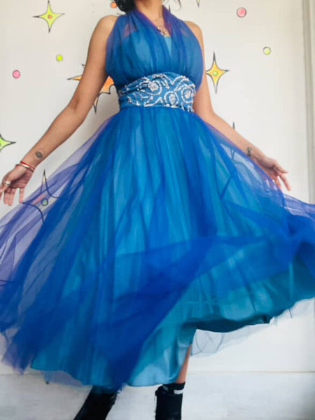 Vintage 50s Blue Tulle Fit & Flare Halter Party Dress Fairy Princess Prom Gown S
