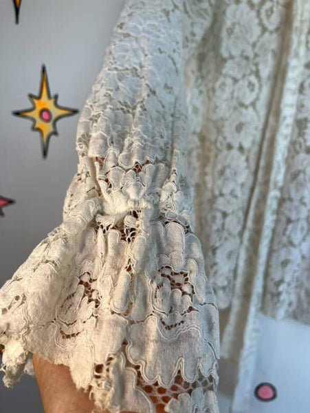 Vintage 70s White Sheer Lace Rococo Babydoll Grunge Boho Bow Neck Top Blouse | L