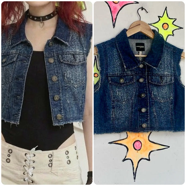 Leopard Print Cropped Denim Vest Y2K Indie Sleaze Grunge Western Top