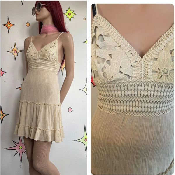 White Crochet Mini Dress Fairy Whimsy Boho Grunge Festival Dress Western XS