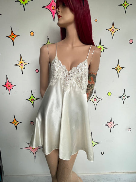 Ivory Satin & Lace Beaded Slip Dress Romantic Fairy Whimsy Grunge Mori Kei M