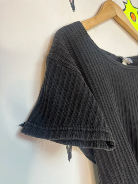 Vintage 80s 90s Black Ribbed Crop Top T-Shirt | Boho Witchy Goth Tee – M