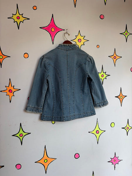 Y2K Denim Military Jacket Soft Grunge Ruffled Utility Blazer Fairy Coquette S