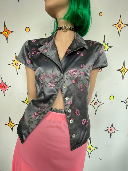 Vintage 90s Satin Floral Button Up Shirt Silver and Purple Fairy Grunge Blouse M