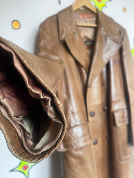 Vintage 70s Brown Leather Coat | Long Trench-Style Jacket | Worn-In Patina ML