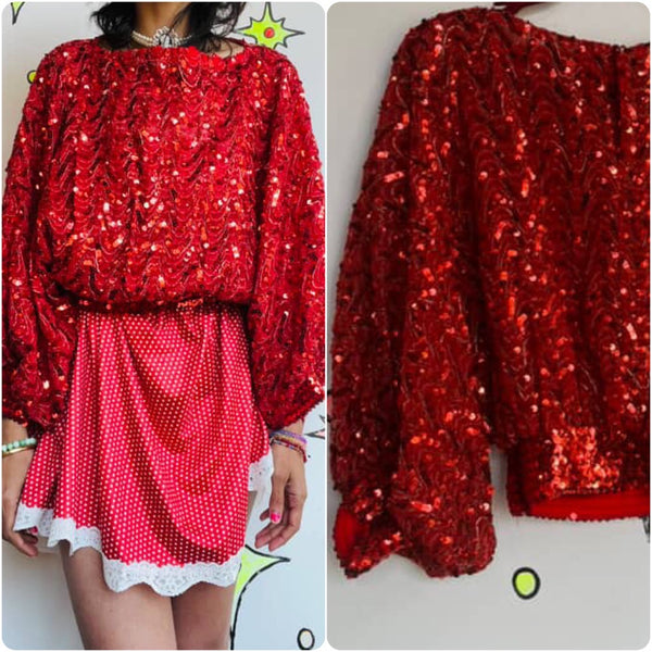 Vintage 70s 80s Red Sequin Disco Glam Clown Dolman Sleeve Blouse Top Free Size
