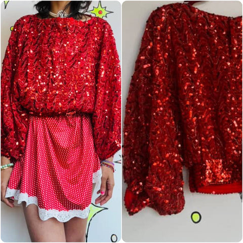 Vintage 70s 80s Red Sequin Disco Glam Clown Dolman Sleeve Blouse Top Free Size