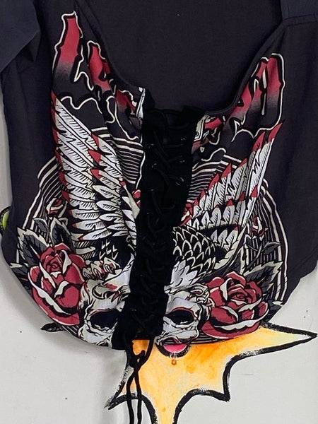 Y2K Upcycled Biker Corset Tee Lace Up Punk Emo Grunge Goth Graphic Corset Top M