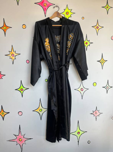 Vintage Black & Gold Satin Embroidered Kimono Lounge Robe w Dragon Size M-L