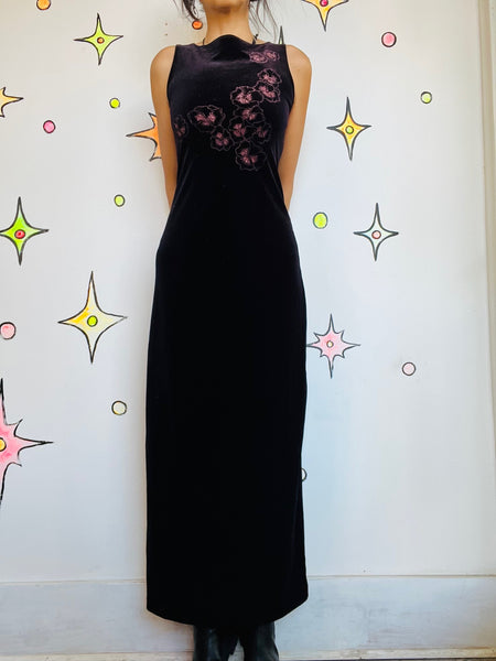 Vintage 90s Plum Velvet Maxi Dress w Glitter – Fairy Grunge Goth Y2K Gown M