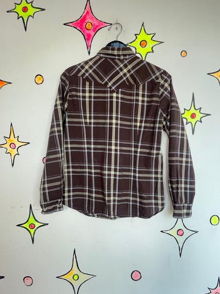 Western Pearl Snap Brown Plaid Shirt Grunge Fitted Button Up Top L