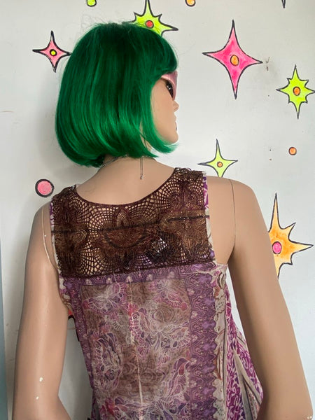 Y2K Abstract Tattoo Print Sheer Mesh Fairy Grunge Tank Top Crochet Back M