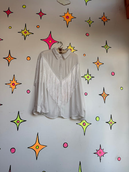 White Fringe Western Shirt | Cowboy Core Rodeo Fringe Button Up Oversized XL