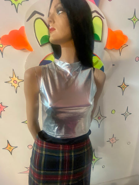 Silver Metallic Crop Top Cyber Grunge Galaxy Rave Tank Y2K Disco Future Glam L
