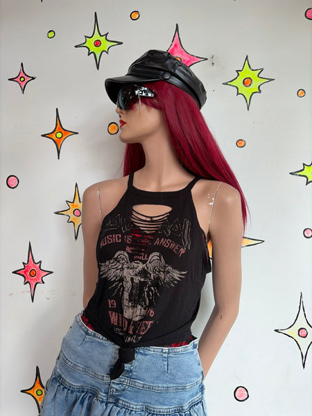 Y2K Black Thrashed Grunge Goth Metal Tattoo Print Tee Tank Top S/M