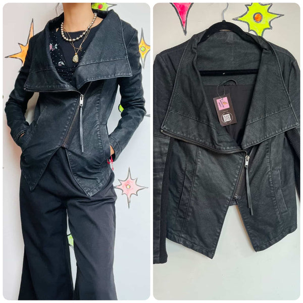 Y2K Asymmetrical Vegan Leather Moto Jacket - Indie Sleaze Fairy Grunge Glam