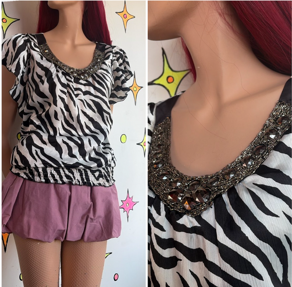Y2K Zebra Print Bubble Hem Top McBling Glam Animal Print Party Blouse M