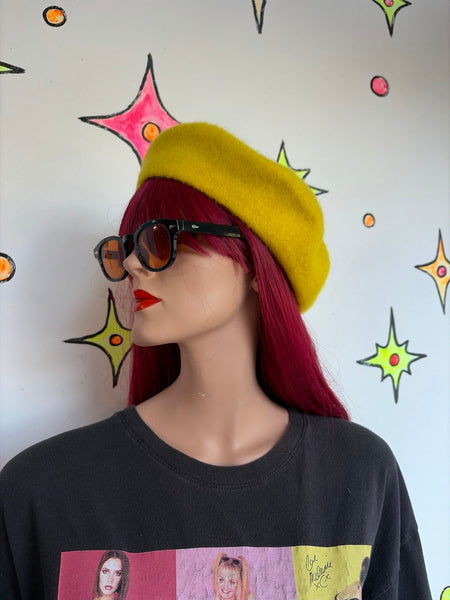 Bright Yellow Wool-Blend Beret Kawaii Whimsigoth Fairy Grunge Hat Accessory